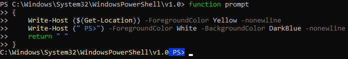 showing the code pasted into the prompt, which goes from monochrome to fairly colourful