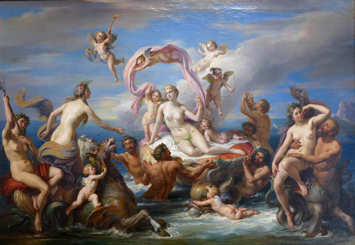 high spirited Renaissance "writhing bodies" picture - lots of frolicking nude people on sea shells