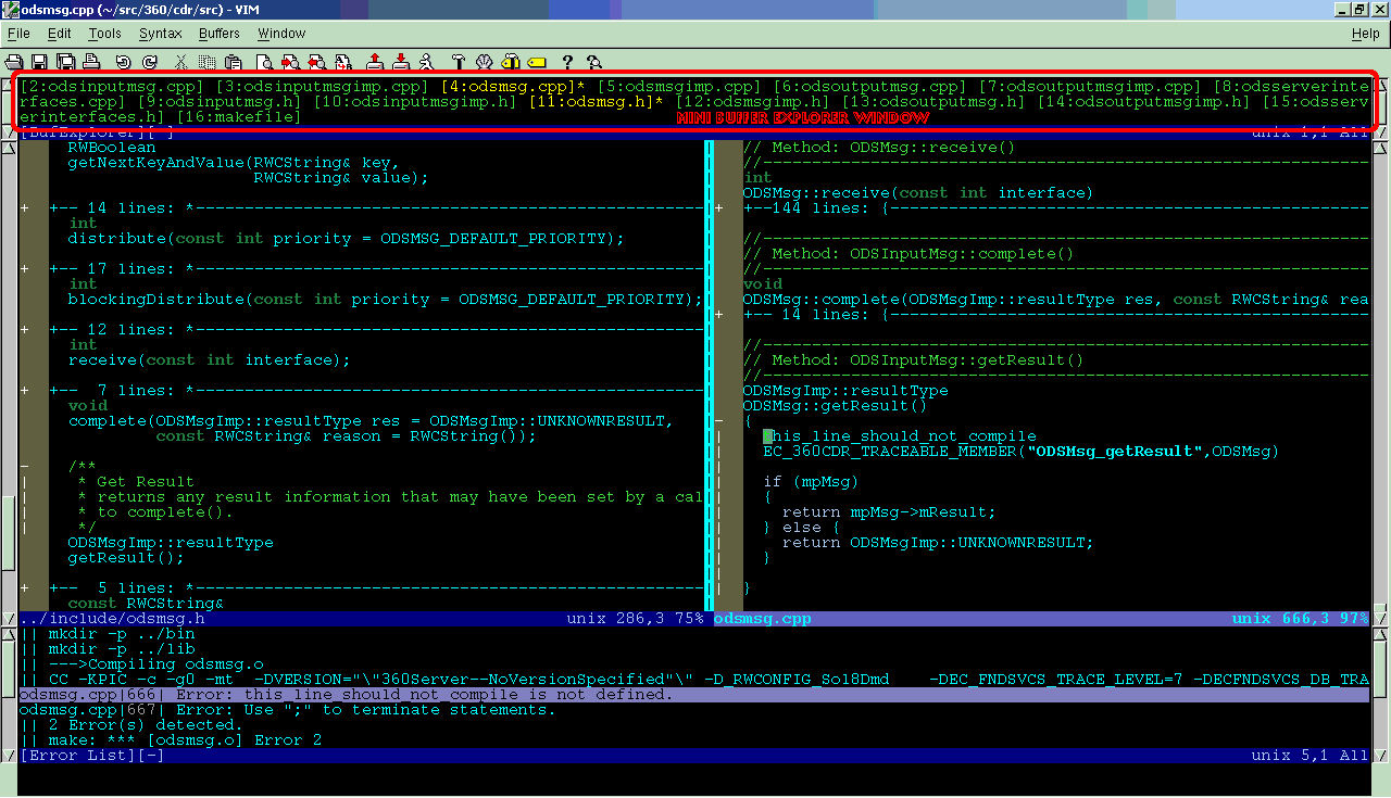 Vim session with mini buffer explorer at the top showing multiple buffers, two tagged as open.