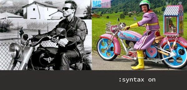Vim without colours is Arnold Schwarzenegger on a motorcycle; vim with ":syntax on" is ... colourful.